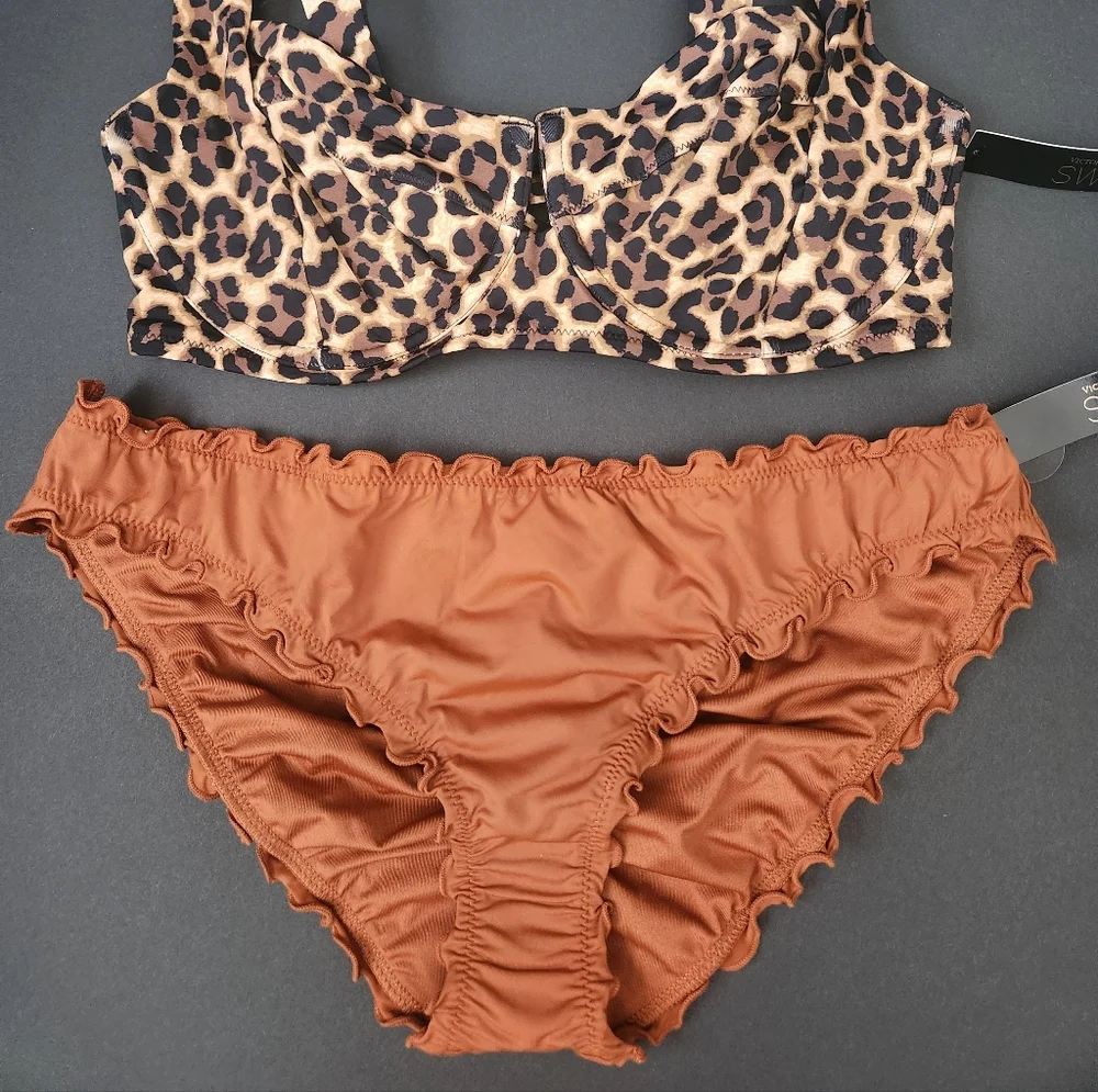 34D/M VS Swim Full Coverage Bikini Top Ruffle Cheeky Bikini Set Leopard